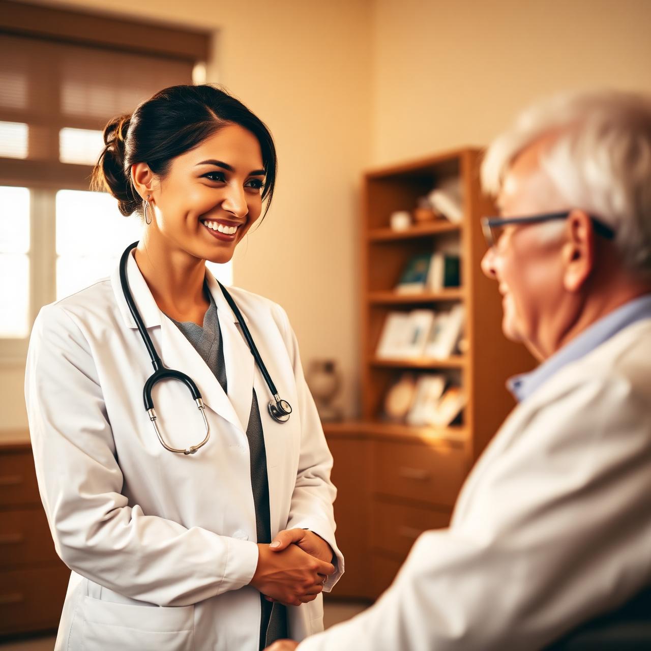 Clinician in a white coat speaking with a patient